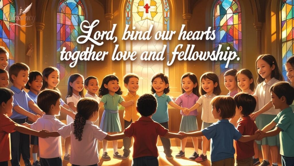 "Prayer for unity and fellowship in Sunday school — diverse children and teachers holding hands in a circle inside a bright church, smiling with love and harmony, overlay text asking God to bind hearts together in fellowship."

