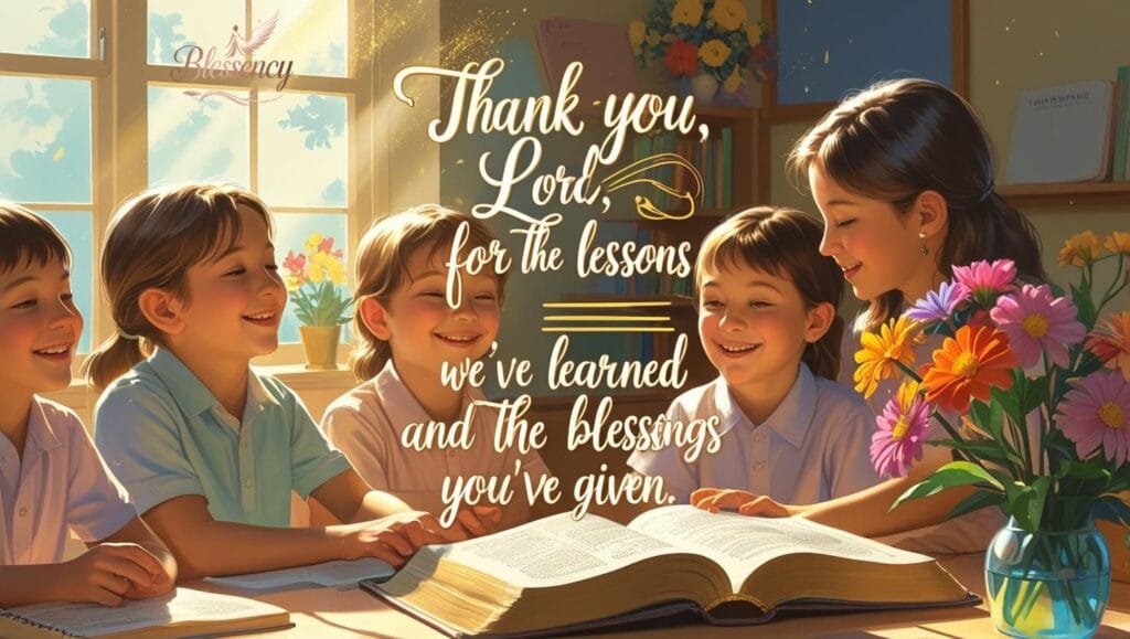 "Prayer of gratitude for Sunday school lessons — children learning with joy around an open Bible, teacher guiding them, warm sunlight, and overlay text thanking God for blessings and Bible-based learning."

