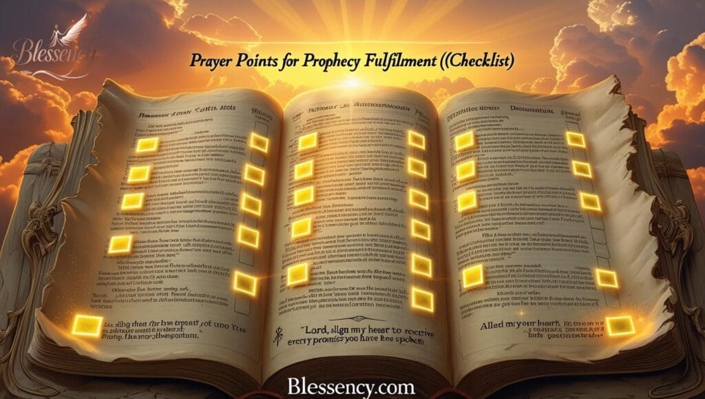"Prayer Points for Prophecy Fulfillment (Checklist) — prophetic prayers to claim God’s promises with repentance, declarations, faith, and thanksgiving. Spiritual checklist glowing with divine light and open Bible, symbolizing answered prayers, breakthrough prayers, and destiny fulfillment. Prophetic Prayers to Fulfill God’s Promises — Blessency.com."