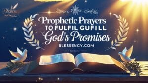 " Prophetic Prayers to Fulfill God’s Promises inspirational Christian feature image with sunrise, open Bible, and blessing prayer text. Includes daily prophetic prayers, breakthrough prayers, healing prayers, destiny prayers, and financial breakthrough prayers. Unique faith-based blog cover design for Blessency.com."