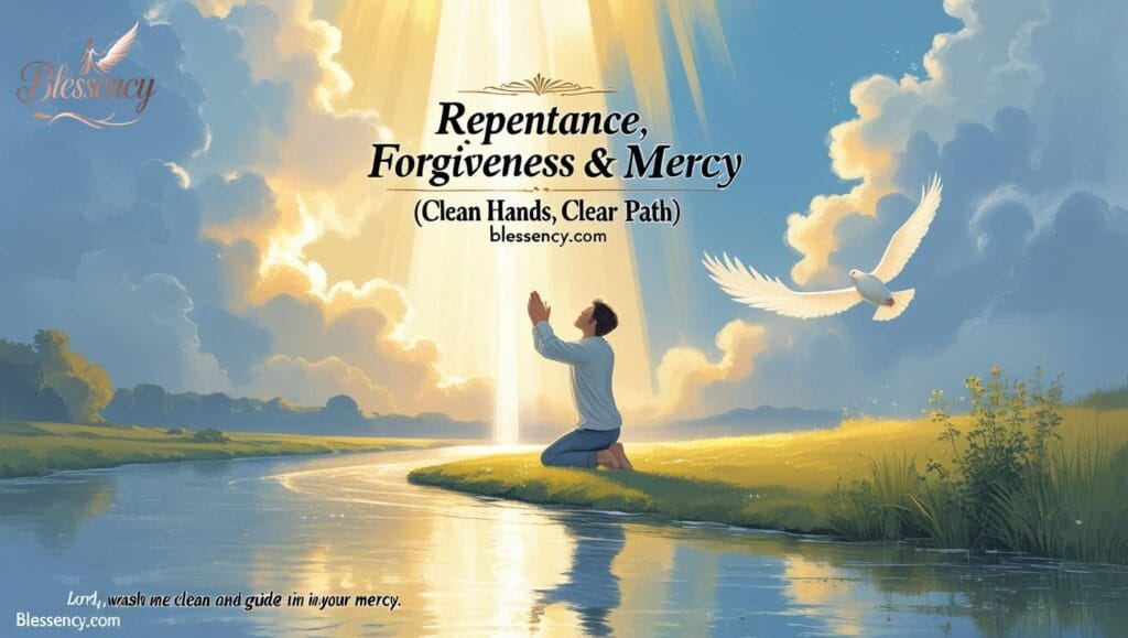"Repentance, Forgiveness & Mercy (Clean Hands, Clear Path) — prophetic prayer feature image with kneeling believer, heavenly light, dove of mercy, and flowing river of grace. Includes prayers of repentance, forgiveness prayers, mercy prayers, and cleansing declarations for a new path. Blessency.com."