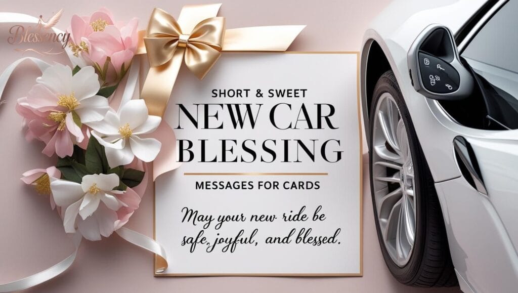"Elegant greeting card beside a new luxury car key with soft pastel flowers and short heartfelt blessing for new car congratulations messages and greeting card ideas."