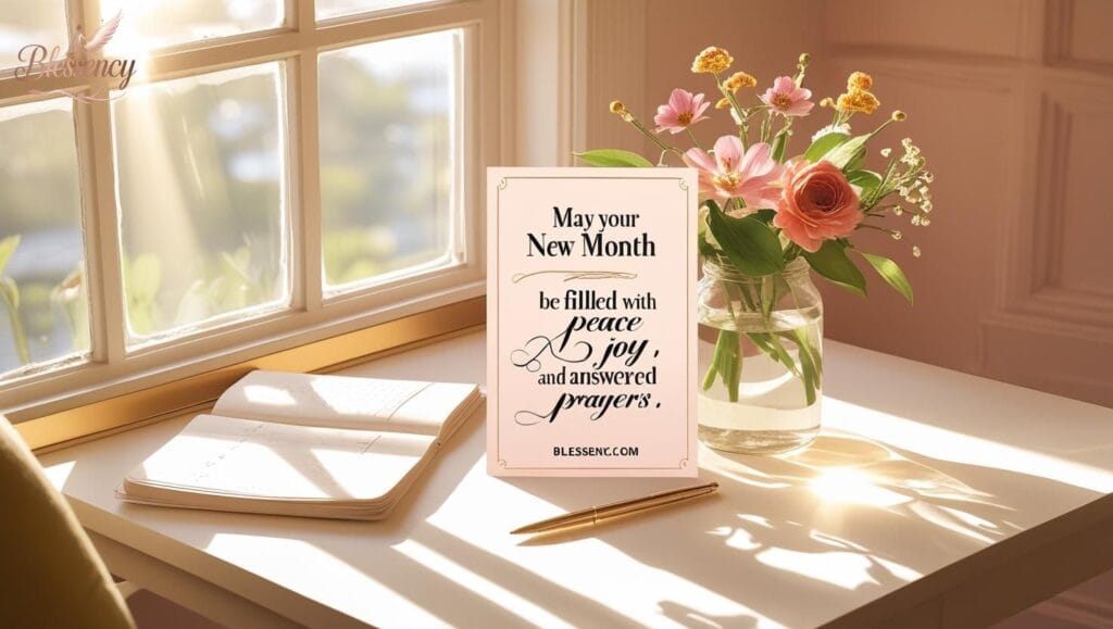 Bright morning blessing scene with sunlight on a table, flowers, and a card reading “May your new month be filled with peace, joy, and answered prayers.” Includes text “Short Month-End Blessings & Prayer Messages.” Perfect for month-end wishes, blessings, and prayers, reflecting gratitude, peace of God, divine favor, and new beginnings. Blessency.com featured prayer image.

