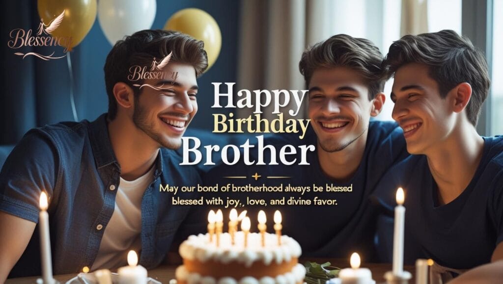 "Happy Birthday Brother image with friends representing brotherhood from another mother, birthday cake, balloons, and prayer message. Special birthday prayer for a brother-like friend with blessings of love, joy, and prosperity – Blessency.com"