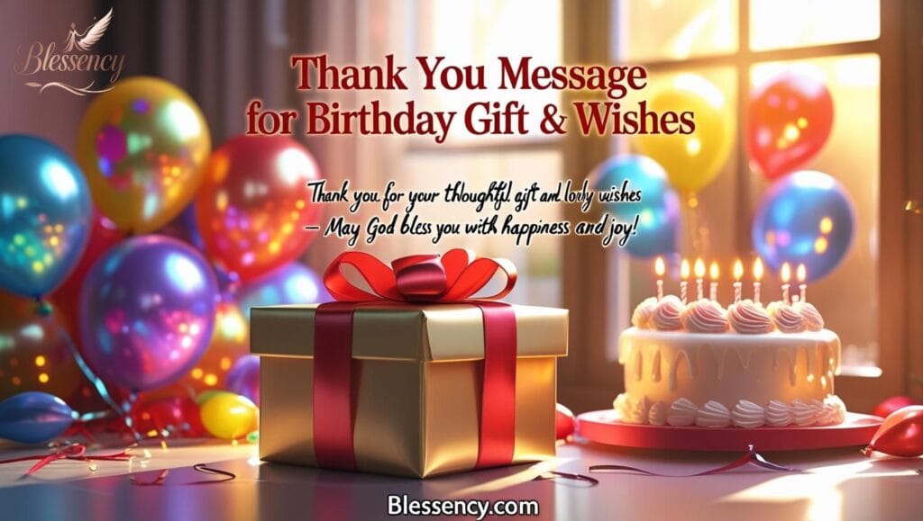 "Beautiful birthday gift box with balloons and cake, symbolizing thank you messages for birthday gifts and wishes, heartfelt gratitude, blessings, and celebration."
