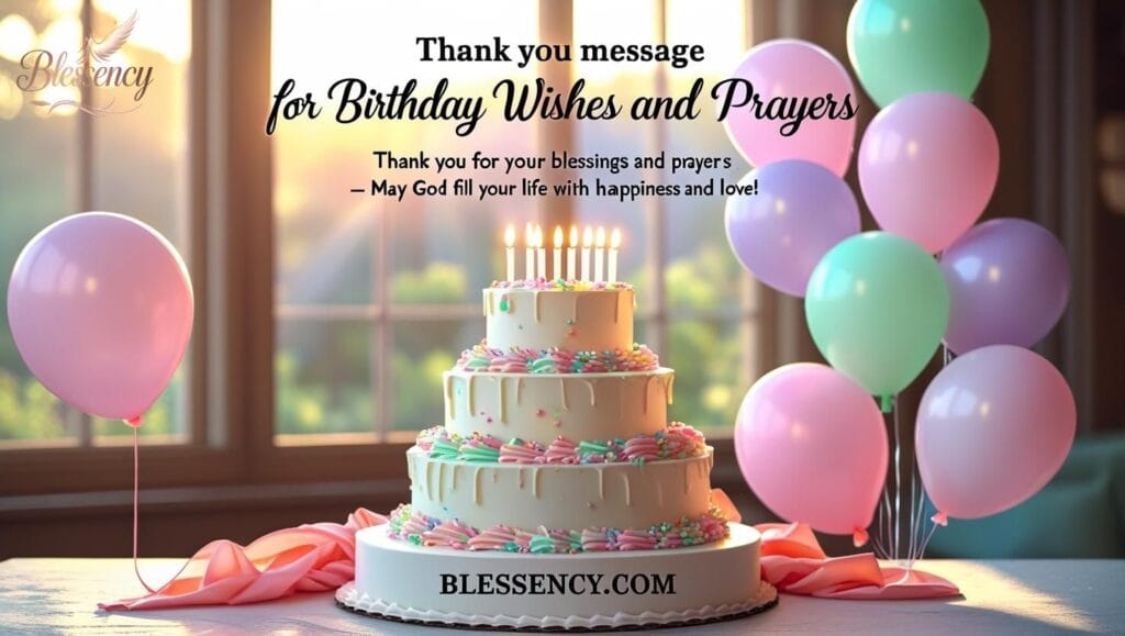 "Birthday cake with glowing candles and colorful balloons, symbolizing thank you messages for birthday wishes and prayers, heartfelt gratitude, blessings, and celebration."