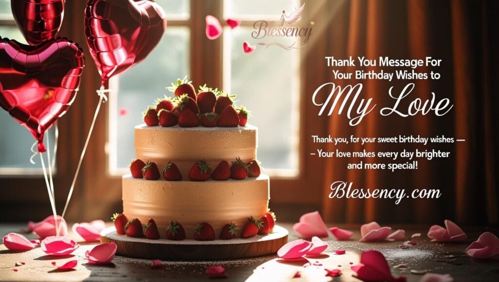 "Romantic birthday cake with heart-shaped balloons and rose petals, symbolizing thank you messages for birthday wishes to my love, heartfelt gratitude, love, and celebration."