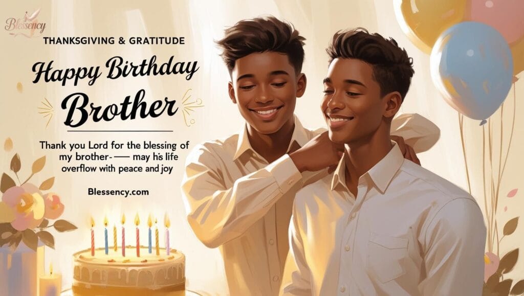 "Happy Birthday Brother image with brothers showing gratitude, birthday cake, and prayer message. Thanksgiving and blessed birthday prayer for a brother with heartfelt gratitude, peace, health, and prosperity – Blessency.com"