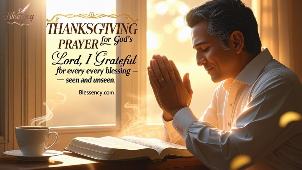 Peaceful morning prayer scene showing a person giving thanks for God’s provision throughout the month, with an open Bible, coffee, and golden sunrise light. Includes text “Thanksgiving Prayer for God’s Provision” and a short blessing: “Lord, I am grateful for every blessing — seen and unseen.” Perfect for month-end blessings, gratitude and reflection, Jehovah Jireh’s faithfulness, and scriptures like Philippians 4:19 and Psalm 103:2. Blessency.com featured prayer image.

