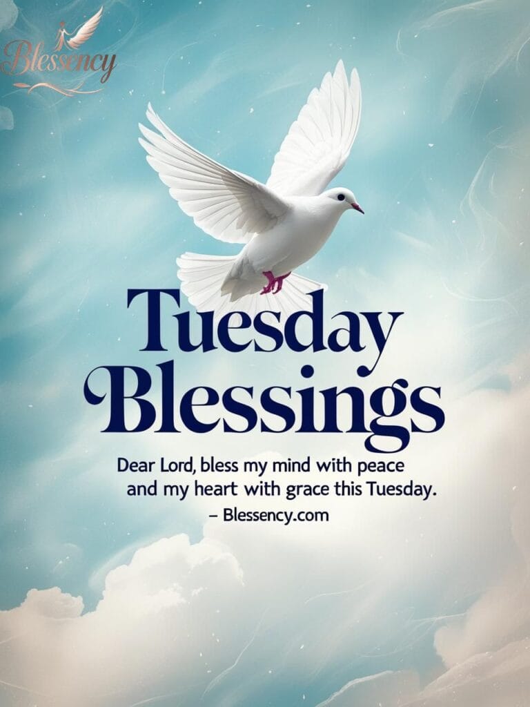 “Tuesday blessings image with dove and spiritual prayer, Christian Tuesday morning prayer picture, Tuesday prayer image with emotional quote, motivational Tuesday blessing quote — Blessency.com”