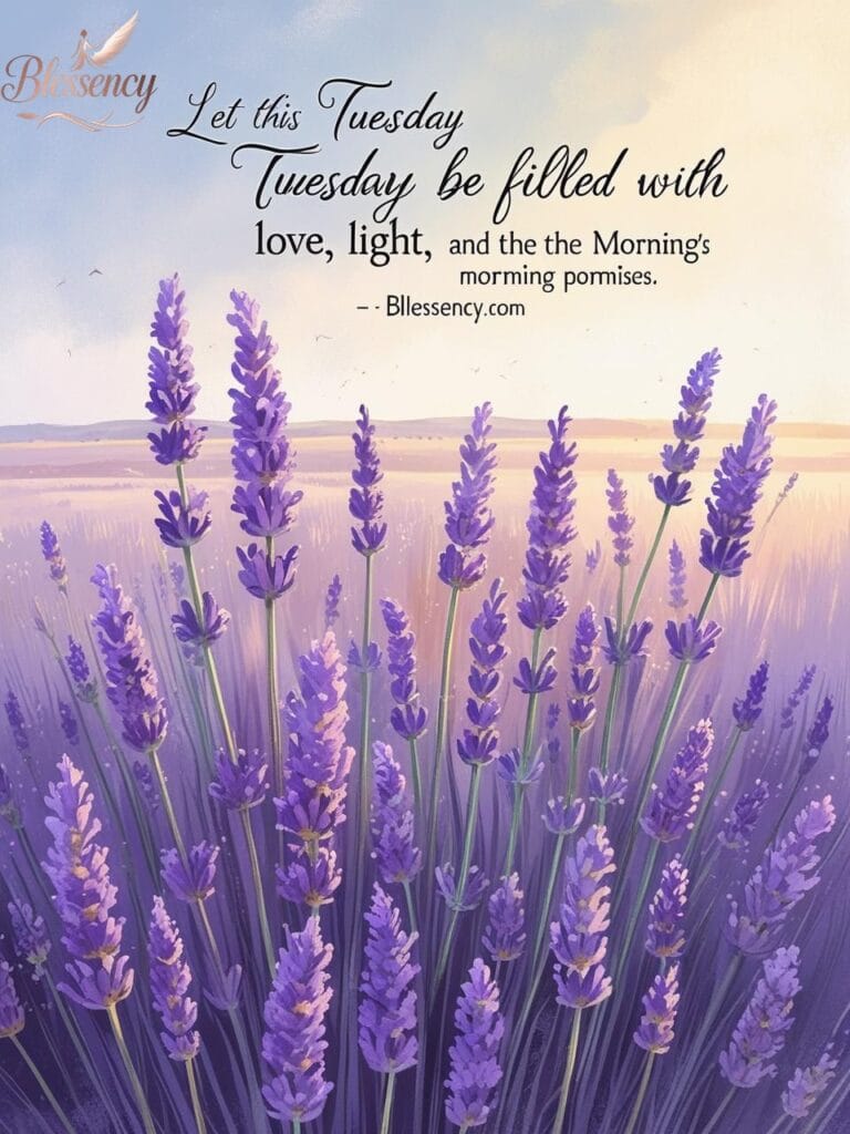 “Tuesday morning blessings image with lavender field, inspirational Christian Tuesday prayer photo, emotional faith quote for Tuesday, soft devotional image — Blessency.com”