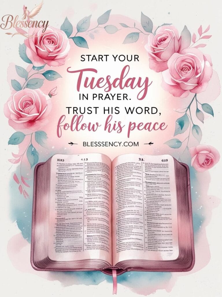“Christian Tuesday prayer image with Bible and flowers, emotional pink blessing quote, good morning Tuesday devotion image, spiritual Tuesday morning scripture visual — Blessency.com”