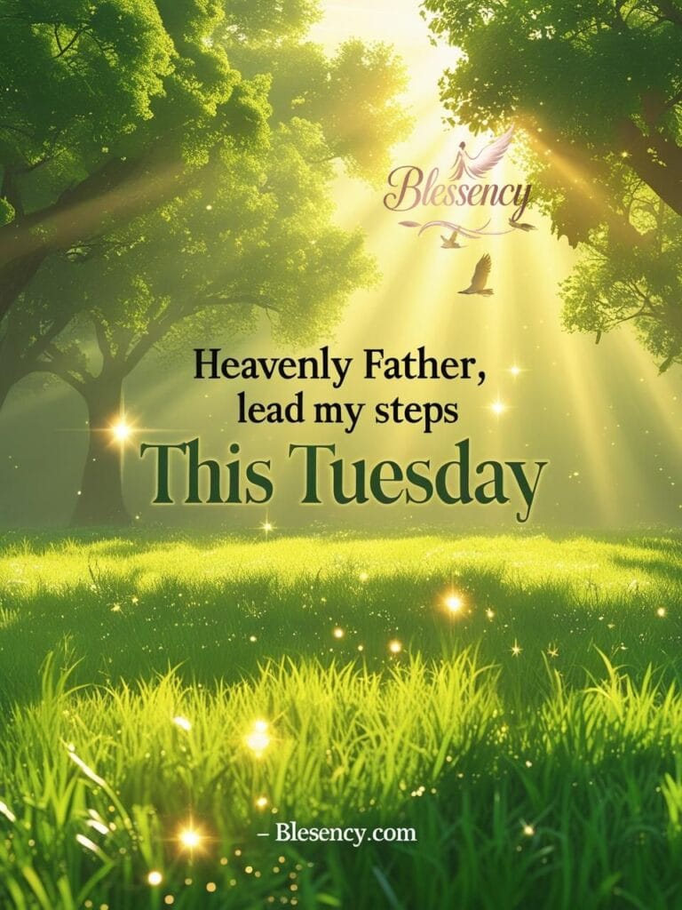 “Nature-themed Tuesday morning prayer image, green meadow Christian devotional photo, emotional spiritual Tuesday blessing quote, God’s presence prayer background — Blessency.com”