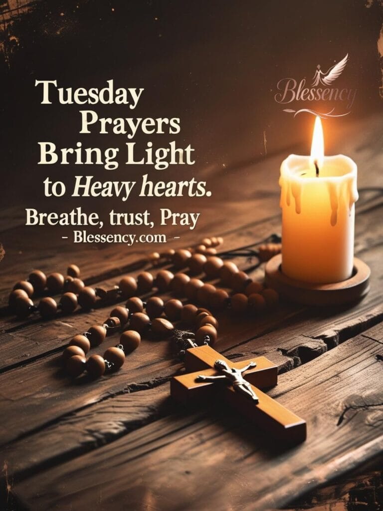 “Rustic themed Tuesday Christian prayer image, rosary and candle devotional visual, emotional prayer quote for Tuesday blessings, Catholic Tuesday prayer inspiration — Blessency.com”