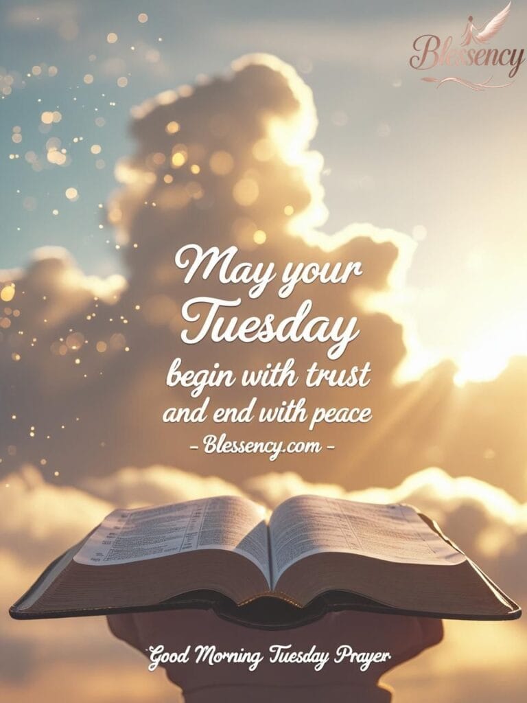 “Golden sunrise with emotional Tuesday morning prayer, faith-filled quote image with Good Morning Tuesday blessing text, Christian prayer background, peaceful Tuesday devotional photo — Blessency.com”