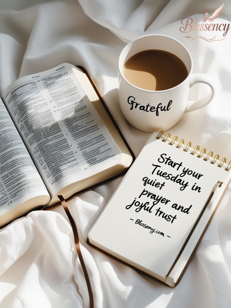 “Tuesday morning devotional flat lay, Bible and coffee Christian prayer image, peaceful and cozy Tuesday blessings picture, motivation Tuesday prayer visual — Blessency.com”