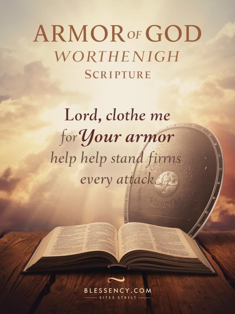 “Armor of God Scripture banner – 3:4 premium Christian design with shield, sword, and open Bible under heavenly light. Includes prayer text ‘Lord, clothe me with Your armor and help me stand firm against every attack.’ Blog graphic for Armor of God Scripture: Ephesians 6:12 Spiritual Warfare Meaning | Blessency.com”