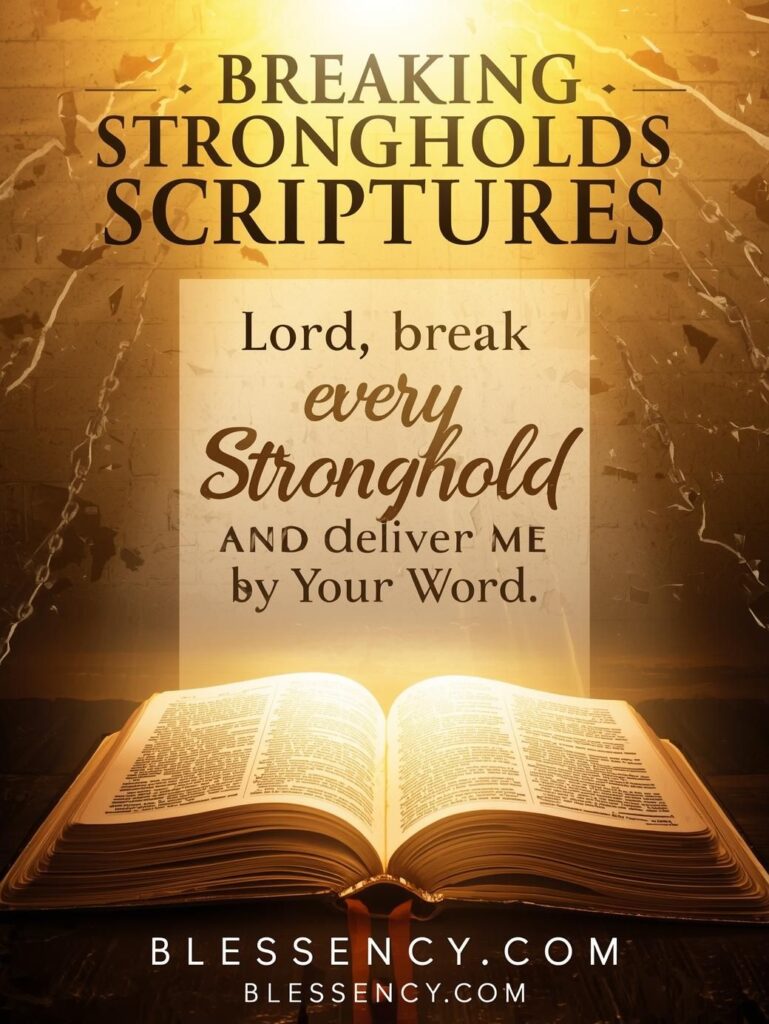 “Christian blog banner 3:4 design with glowing Bible, golden light, broken chains, and prayer text ‘Lord, break every stronghold and deliver me by Your Word.’ Graphic for Scriptures for Breaking Strongholds and Deliverance from Spiritual Attacks | Blessency.com”
