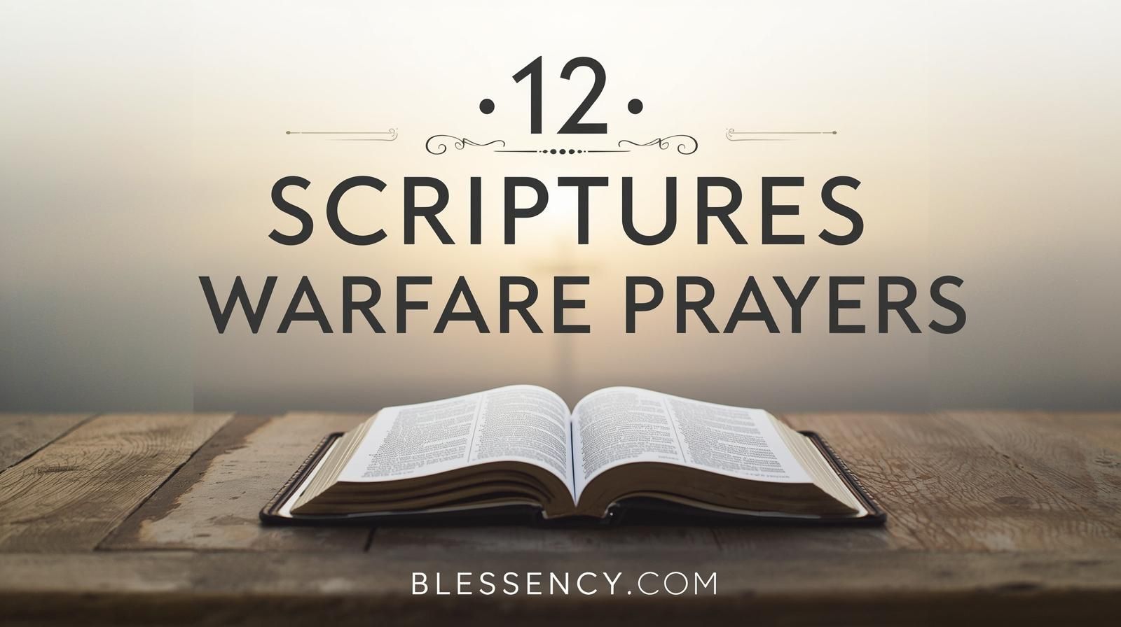 “12 Powerful Scriptures warfare prayers – blog banner showing open Bible, glowing cross, and sunrise light symbolizing spiritual protection, deliverance, and daily strength through God’s Word | Blessency.com”