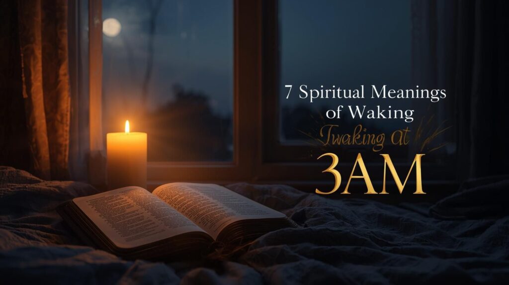 "7 Spiritual Meanings of Waking Up at 3AM (Biblical Insights) feature image showing Bible with candlelight and moonlight. Spiritual awakening at 3AM, biblical meaning of waking up at 3AM Catholic, divine appointment at 3AM, prophetic encounters, nighttime revelation, 3AM intercession, spiritual warfare at 3AM, midnight spiritual significance, spiritual realm activity, guidance from God at night."