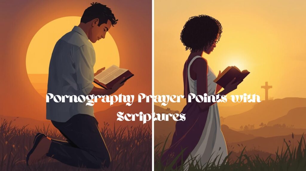 Christian-themed image of a person praying with an open Bible, title “Pornography Prayer Points for Freedom” and prayer text “Lord, set me free by Your Word” displayed on the image.