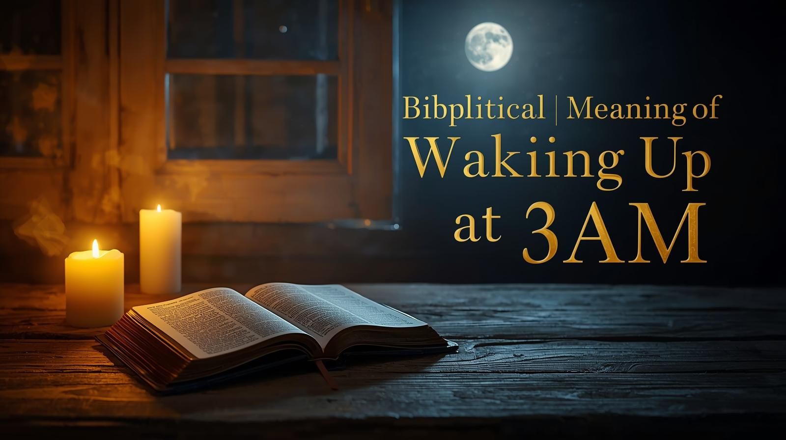 Biblical Meaning of Waking Up at 3AM: Deep Spiritual Insights 20 "Biblical meaning of waking up at 3AM feature image showing a glowing Bible at night with candlelight and moonlight. Spiritual awakening at 3AM, prayer at 3AM meaning, midnight spiritual symbolism, divine messages, 3AM intercession, spiritual warfare at 3AM, deeper spiritual meaning of waking up at 3AM, guidance from God at night."