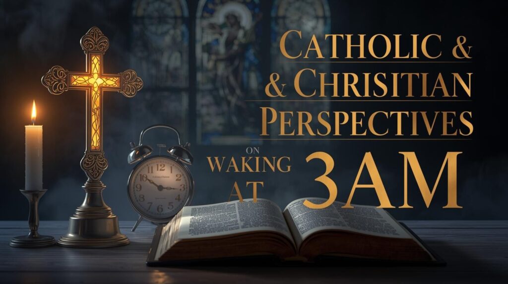 "Catholic & Christian Perspectives on Waking at 3AM feature image with Bible, cross, candlelight, and moonlight. Biblical meaning of waking up at 3AM Catholic, Divine Mercy hour, spiritual benefits of 3AM awakening, benefits of waking up at 3AM spiritually, deeper spiritual awareness, divine connection in early mornings, guidance and spiritual insight, inner healing at early hour, transformation before dawn."