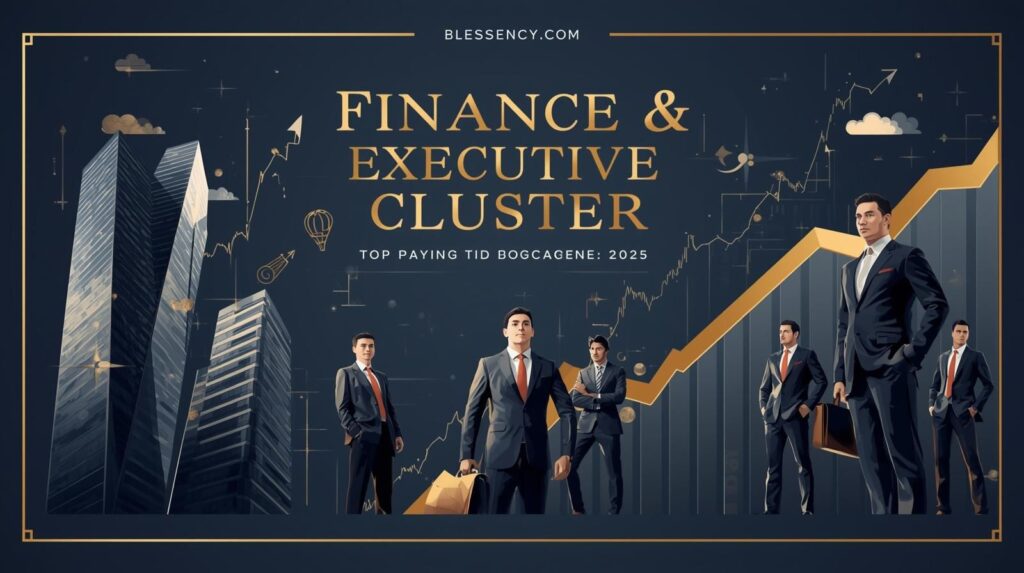 “Finance & Executive Cluster: Top-Paying Business Careers 2025 infographic showing CEOs, investment bankers, corporate lawyers, and consultants with financial charts.”