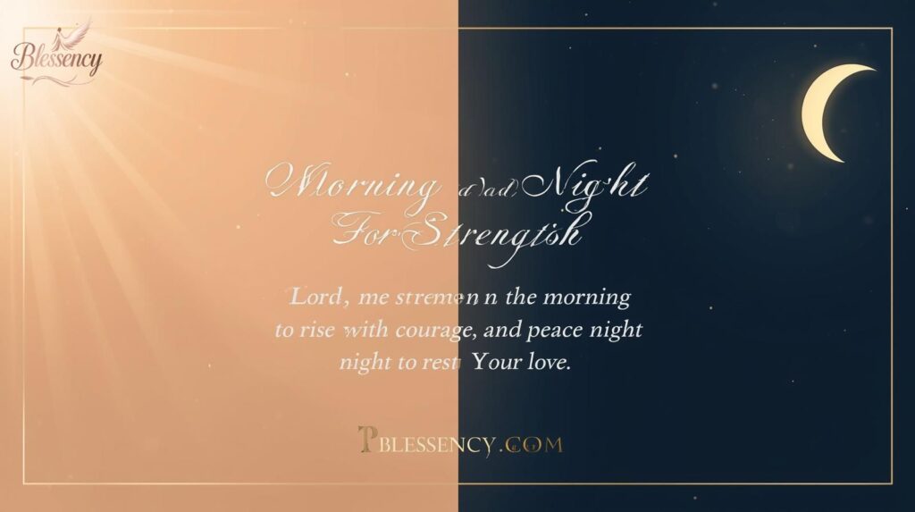 "Premium inspirational banner with title ‘Morning and Night Prayers for Strength’, featuring sunrise and night sky background, short prayer text about courage and peace, and website name Blessency.com. Clean, beautiful, and spiritual design for a faith-based blog."