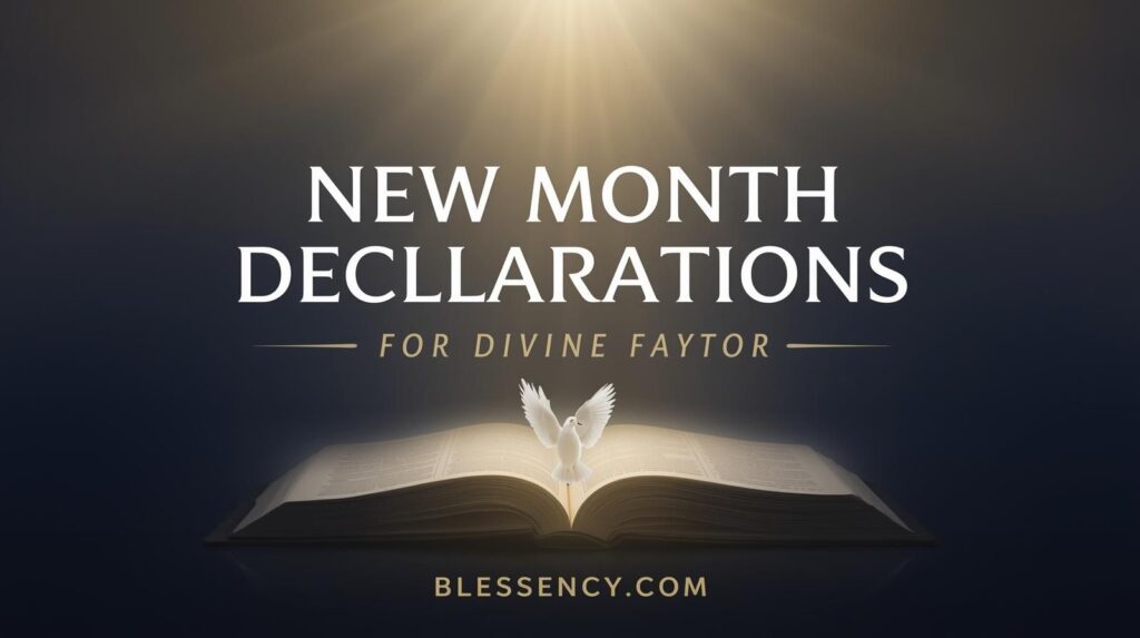 "New Month Declarations for Divine Favor – premium blog section image with glowing gradient (navy + gold), highlighted white-gold title text, open Bible, and divine light – Blessency.com"