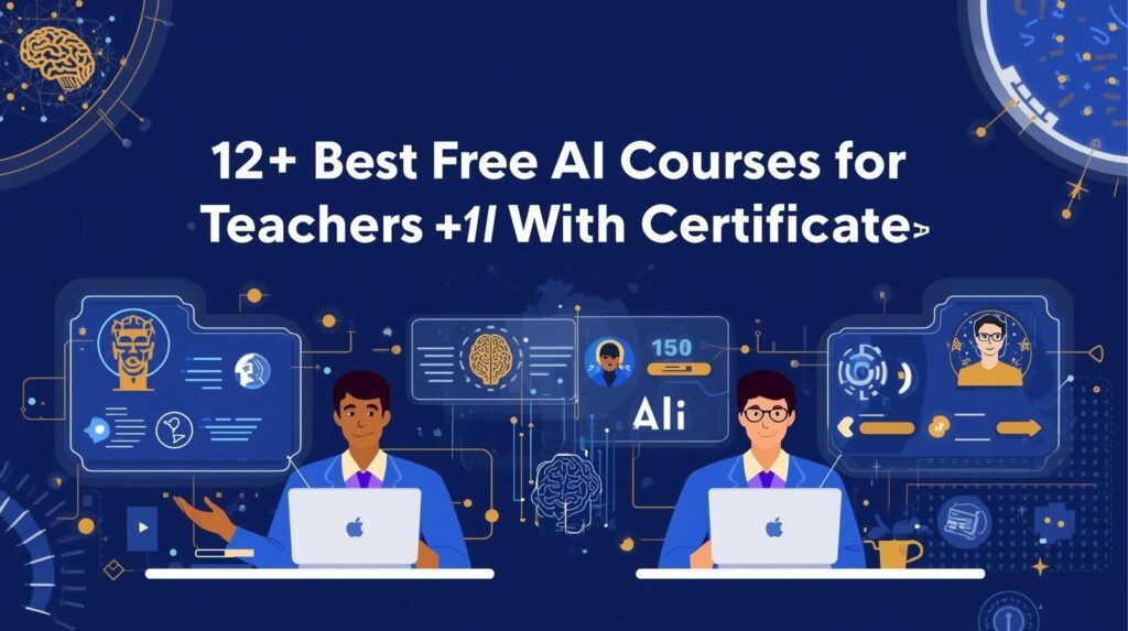 "Top 12+ best free AI courses for teachers with certificates – teachers learning AI with laptops, digital tools, and professional certificates."