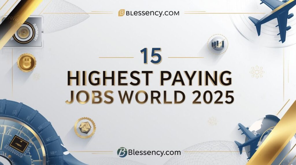 “Top 15 Highest-Paying Jobs in the World 2025 – premium blog header with career icons for healthcare, AI/ML engineer, finance, and aviation.”