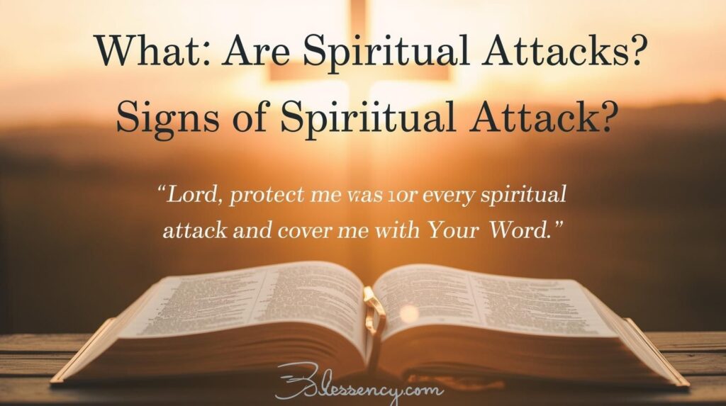 “Christian blog banner showing cross, sunrise, and open Bible with prayer text — ‘Lord, protect me from every spiritual attack and cover me with Your Word.’ Premium design for article on What Are Spiritual Attacks? Signs of Spiritual Attack in Daily Life & How Scriptures Warfare Prayers Help | Blessency.com”