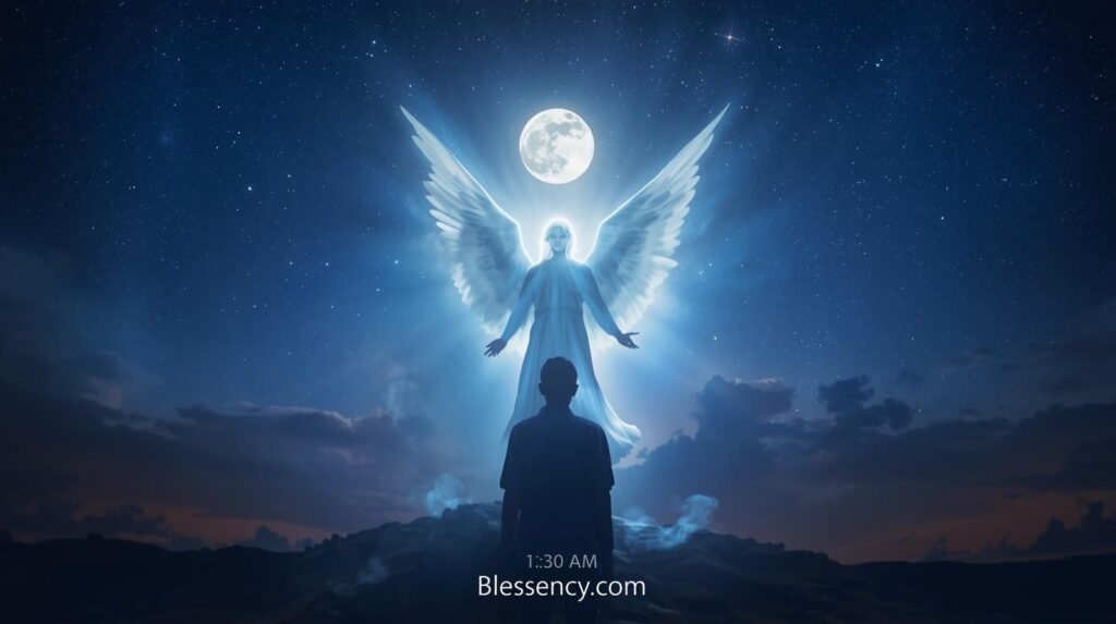 “Guardian angel at 3:30AM bringing divine protection and angel number 333 meaning — prophetic dreams, visions and spiritual guidance. Image credit: Blessency.com.”