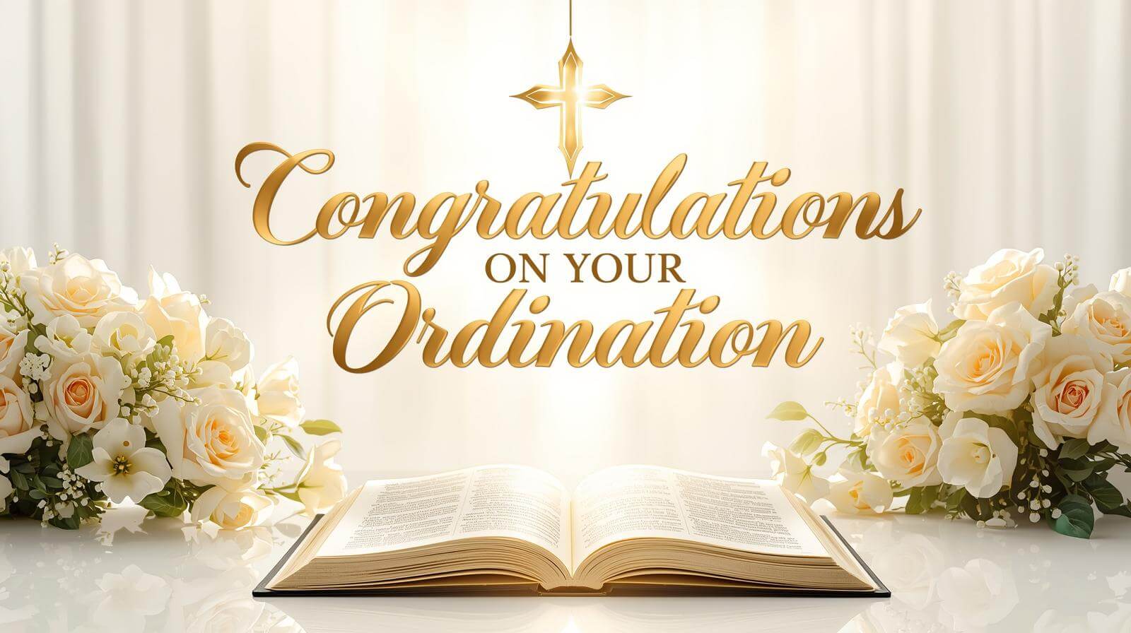 150+ Congratulations on Your Ordination Wishes, Messages, Quotes & Prayers (Priest, Pastor, Deacon, Friend & Family) 1 Congratulations on your ordination feature image with Bible and glowing cross, Happy Ordination Day blessings, Christian ordination messages, priest ordination celebration graphic, spiritual ordination ceremony wishes.