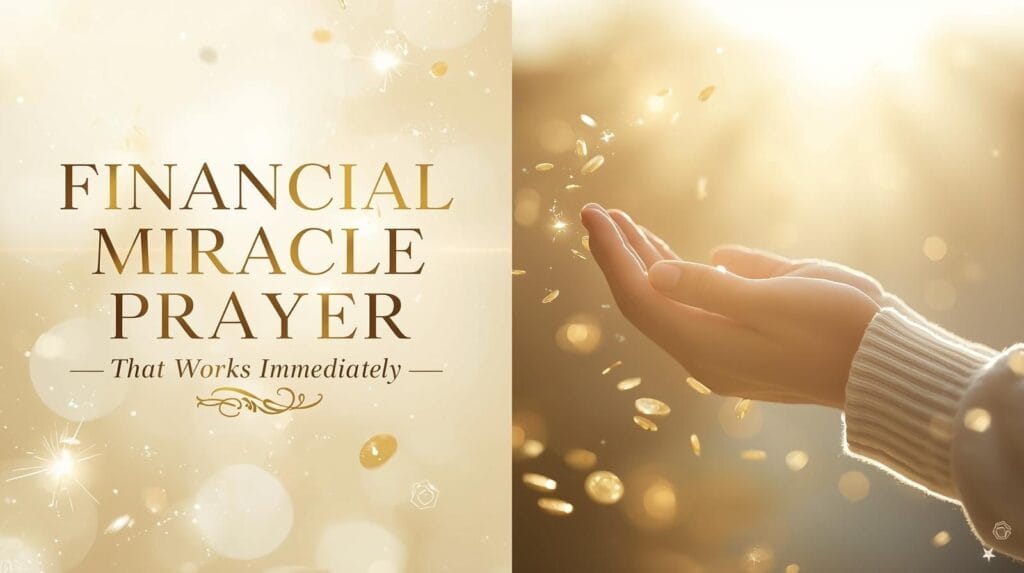 A Miracle Prayer That Works Immediately — 75+ Powerful Prayers 3 A person praying for financial breakthrough with golden light and title text “Financial Miracle Prayer That Works Immediately.”
