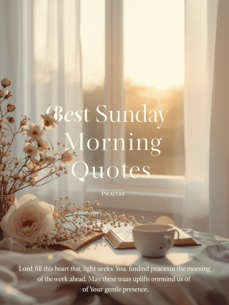 ✦ Sunday Morning Quotes — 200+ Inspirational, Spiritual & Blessed Messages to Start the Day 2 “Realistic sunrise image with ‘Best Sunday Morning Quotes’ text and peaceful prayer message in soft gold and blue religious theme.”
