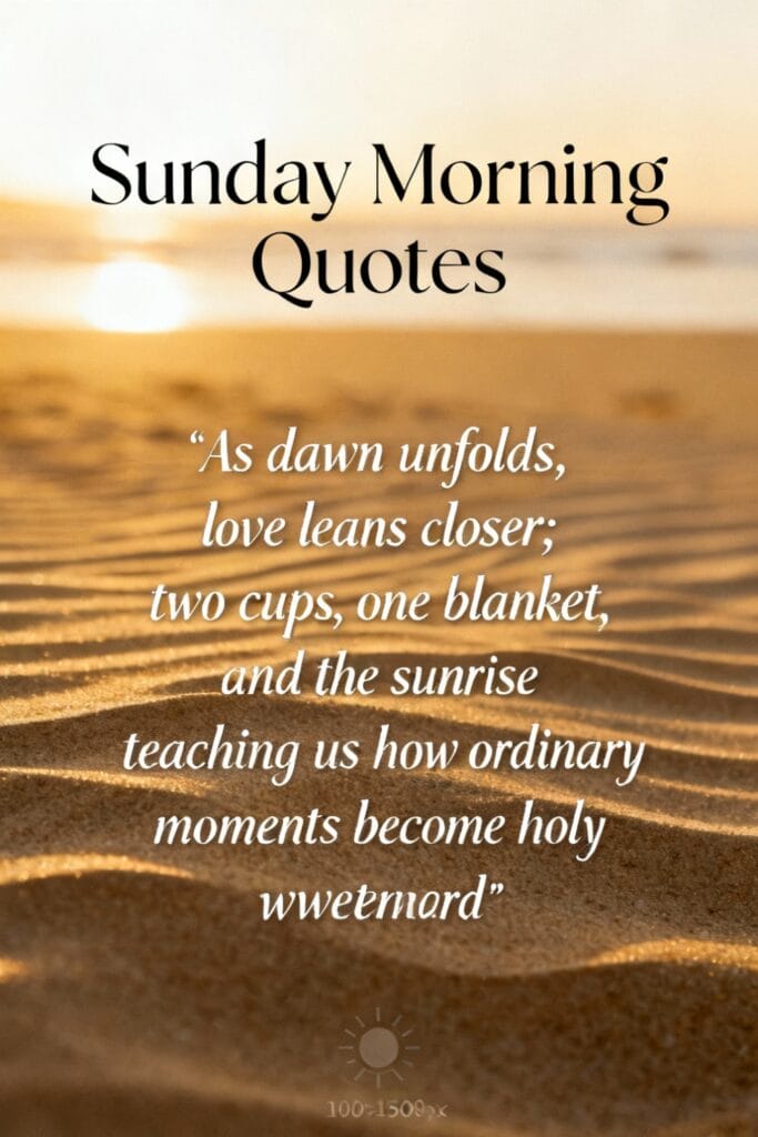 ✦ Short Sunrise Quotes & Captions — 100+ Short, Inspiring Lines for Instagram 13 Minimal typographic design titled “Sunday Morning Quotes” with a romantic sunrise caption for couples — ideal for sunrise quotes short and cozy dawn moments.