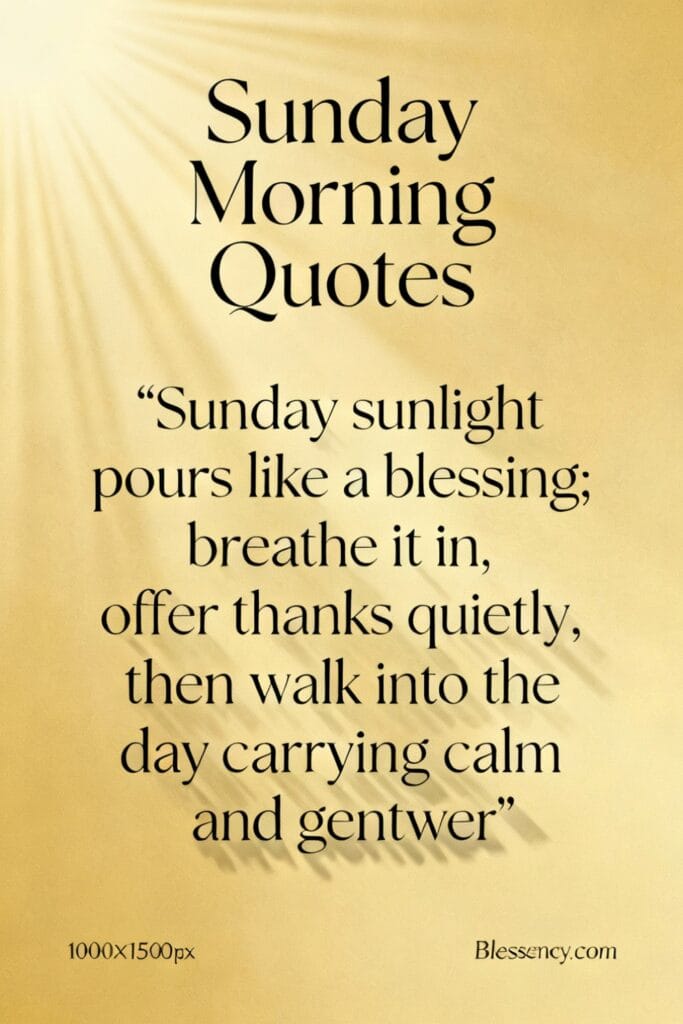 ✦ Short Sunrise Quotes & Captions — 100+ Short, Inspiring Lines for Instagram 11 Elegant text-focused image titled “Sunday Morning Quotes” with a blessing-style caption ideal for sunrise quotes short and gratitude posts.