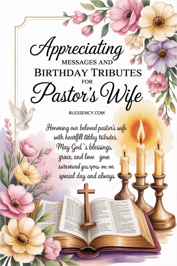 85+ Heartfelt Birthday Wishes for Pastor Wife and First Lady of the Church 12 “Christian birthday image with Bible, flowers, and candlelight — appreciation messages and birthday tributes for Pastor’s Wife from Blessency.com, celebrating faith, leadership, and spiritual inspiration.”