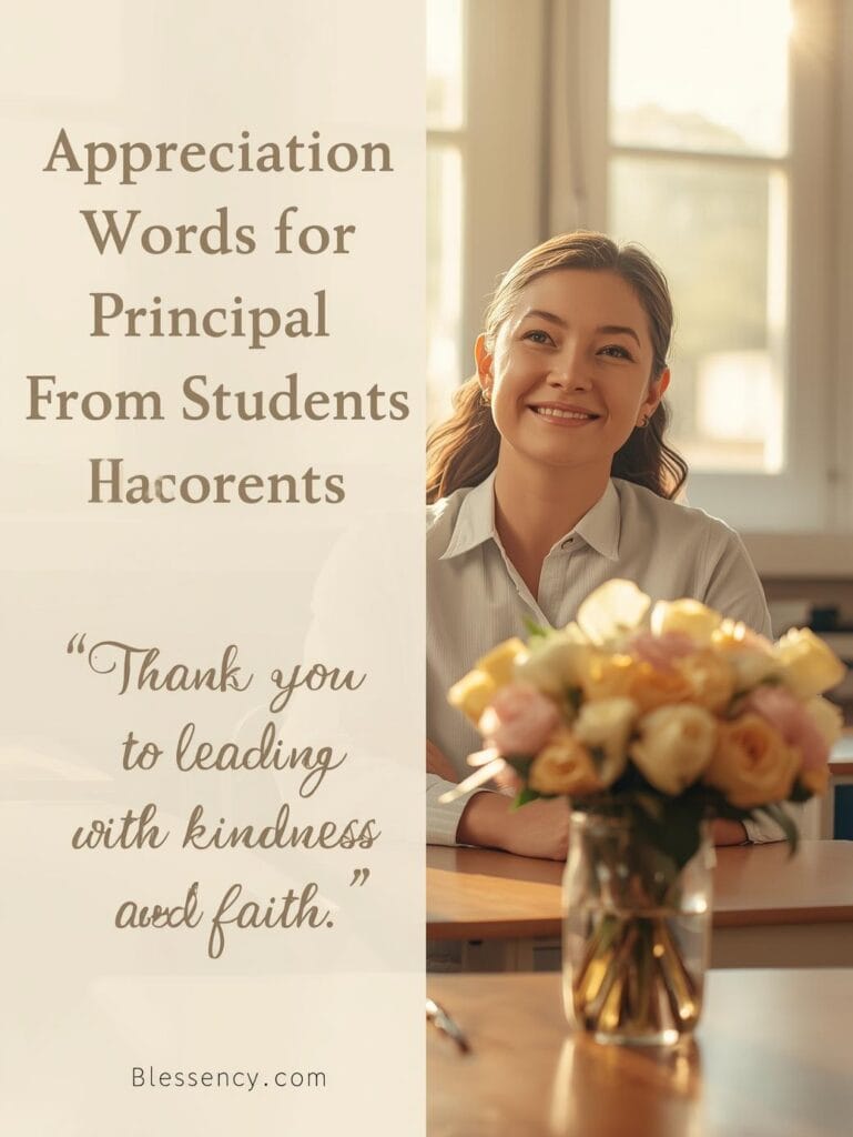 90+ Beautiful Lines for principal & Quotes for Principal to Show Appreciation 2 “Smiling students presenting a thank-you card and flowers to their principal in a bright classroom — appreciation words for principal from students, Blessency.com.”
