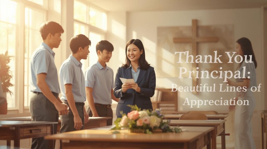 90+ Beautiful Lines for principal & Quotes for Principal to Show Appreciation 7 “Students and teachers presenting a thank-you card to their principal in a bright classroom, symbolizing faith, gratitude, and leadership appreciation — beautiful lines for principal.”