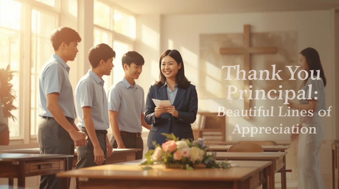 90+ Beautiful Lines for principal & Quotes for Principal to Show Appreciation 1 “Students and teachers presenting a thank-you card to their principal in a bright classroom, symbolizing faith, gratitude, and leadership appreciation — beautiful lines for principal.”