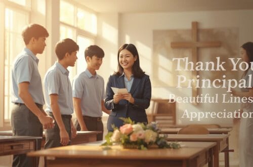 90+ Beautiful Lines for principal & Quotes for Principal to Show Appreciation 29 “Students and teachers presenting a thank-you card to their principal in a bright classroom, symbolizing faith, gratitude, and leadership appreciation — beautiful lines for principal.”