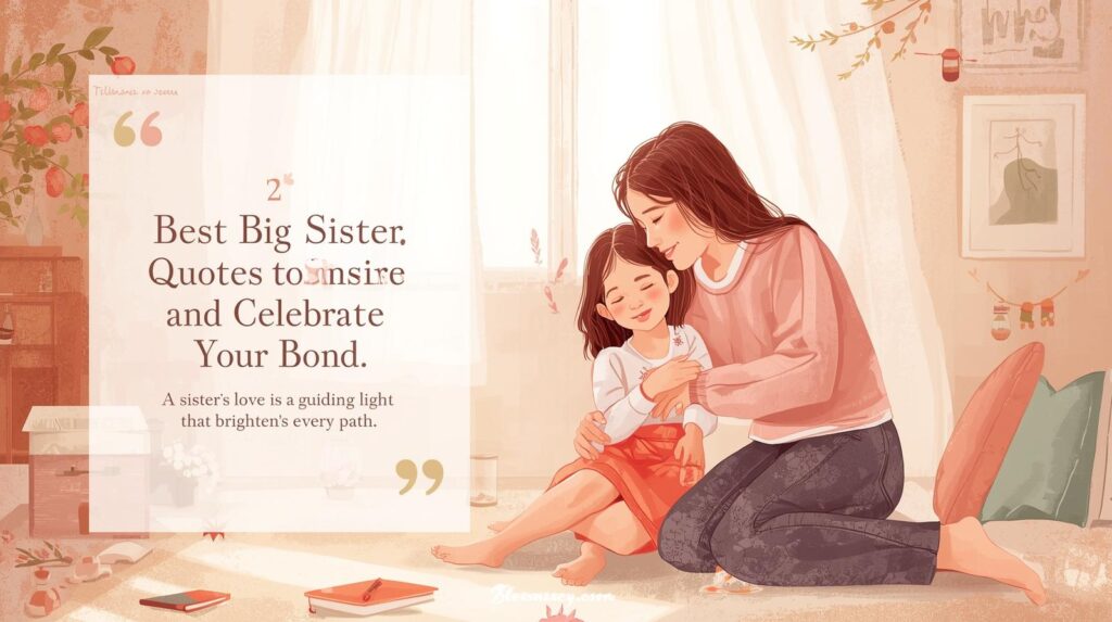 100+ Heartwarming Big Sister Quotes That Celebrate Love, Laughter & Lifelong Bonds 2 "Illustration of a big sister guiding and hugging her little sister, celebrating deep sisterly bond, family love, sister mentorship, emotional connection, and sisterly friendship. Perfect for big sister quotes, deep big sister sister quotes, quotes for big sister, and inspirational sister content on Blessency.com."
