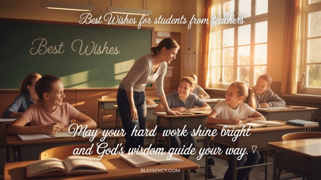 150+ Positive And Best Exam Wishes for Students from Teachers 2 “Teacher offering best wishes for students before exams with faith and encouragement – inspirational classroom blessing by Blessency.com.”