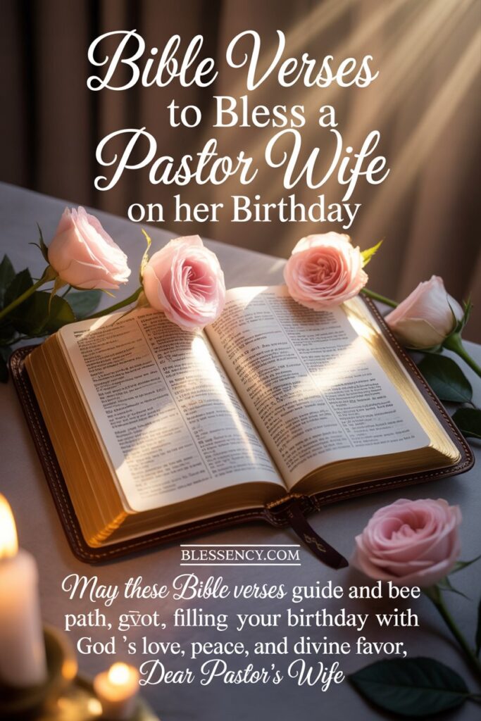 85+ Heartfelt Birthday Wishes for Pastor Wife and First Lady of the Church 5 “Christian birthday image with open Bible and floral decor — Bible verses to bless a Pastor Wife on her birthday from Blessency.com, celebrating faith, divine guidance, and spiritual blessings.”