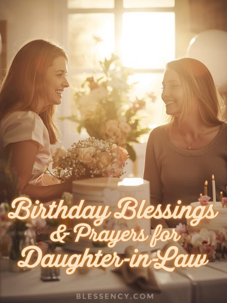 50+ Heartfelt & Powerful Prayers for Daughter-in-Law (Peace, Joy, and Blessings) 8 “Heartfelt Christian birthday blessings image showing a mother-in-law praying for her daughter-in-law’s happiness and success on her special day — Blessency.com”