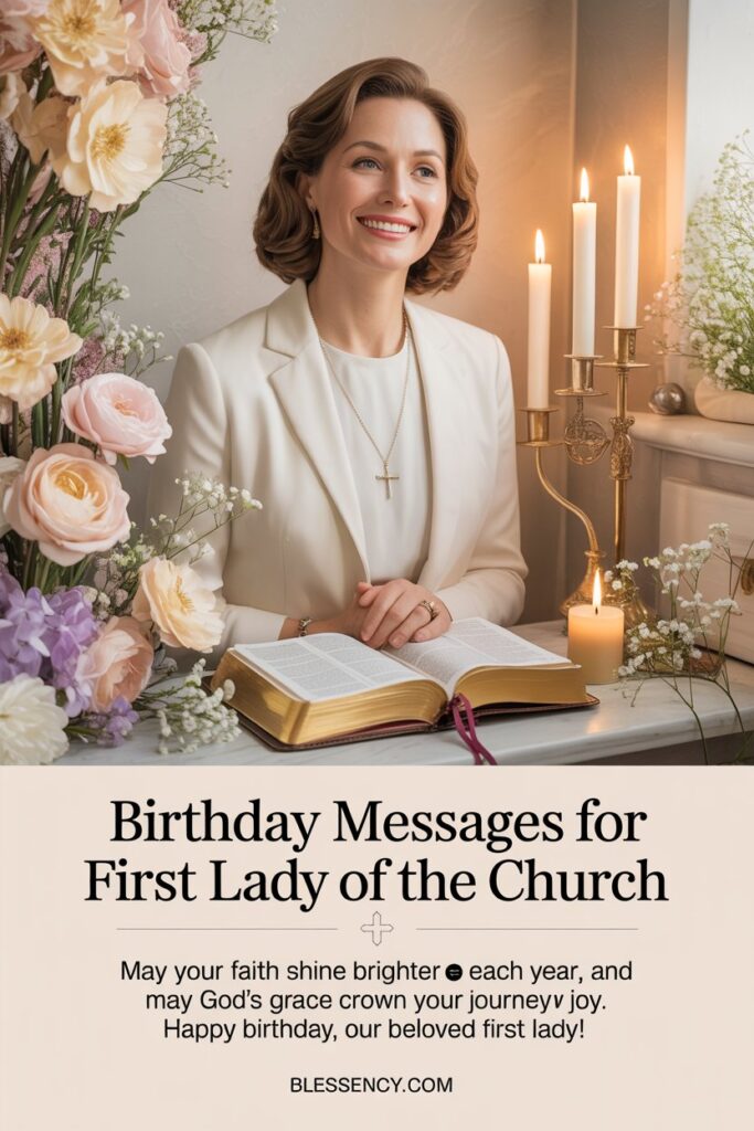 85+ Heartfelt Birthday Wishes for Pastor Wife and First Lady of the Church 2 “Elegant Christian birthday design with floral background and Bible — birthday messages for first lady of the church from Blessency.com, celebrating faith, grace, and divine favor with heartfelt religious birthday wishes.”