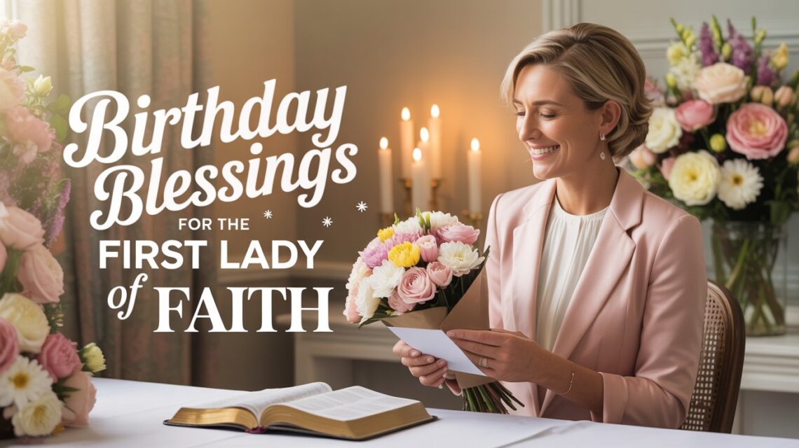 85+ Heartfelt Birthday Wishes for Pastor Wife and First Lady of the Church 1 “Heartfelt birthday wishes for pastor wife and first lady of the church — elegant Christian celebration scene with flowers, Bible, and divine light representing religious birthday wishes and grace.”